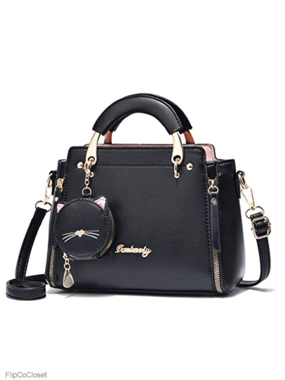 PU Leather Top Handle Satchel Crossbody Tote with Kitten Pendant